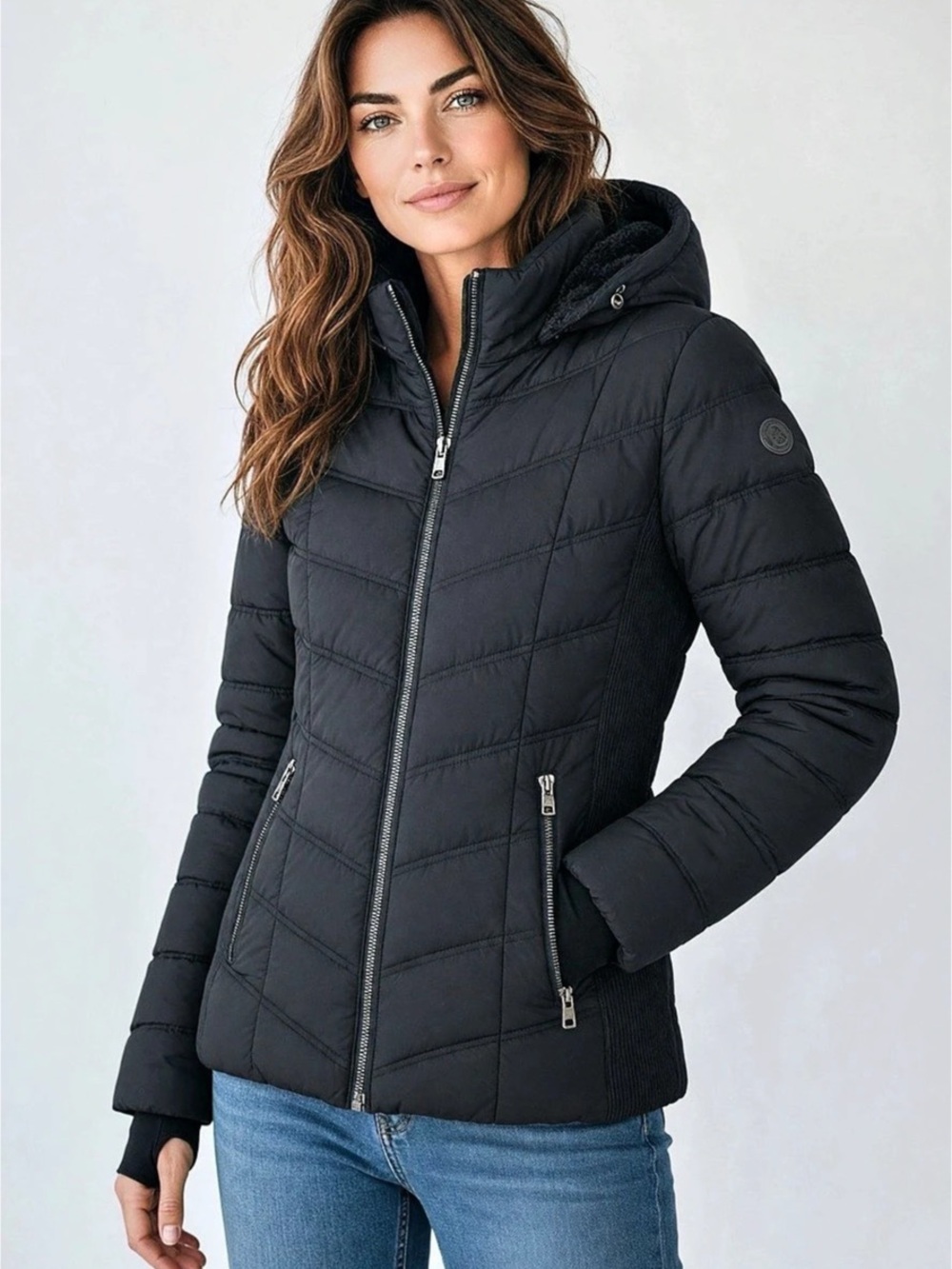 Nautica Women's Hooded Puffer Coat with Faux Fur Trim Black